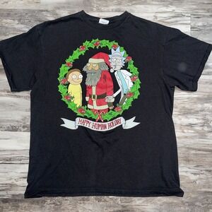 Men's L RICK & MORTY Christmas Happy Human Day Black T-Shirt Holiday Cartoon